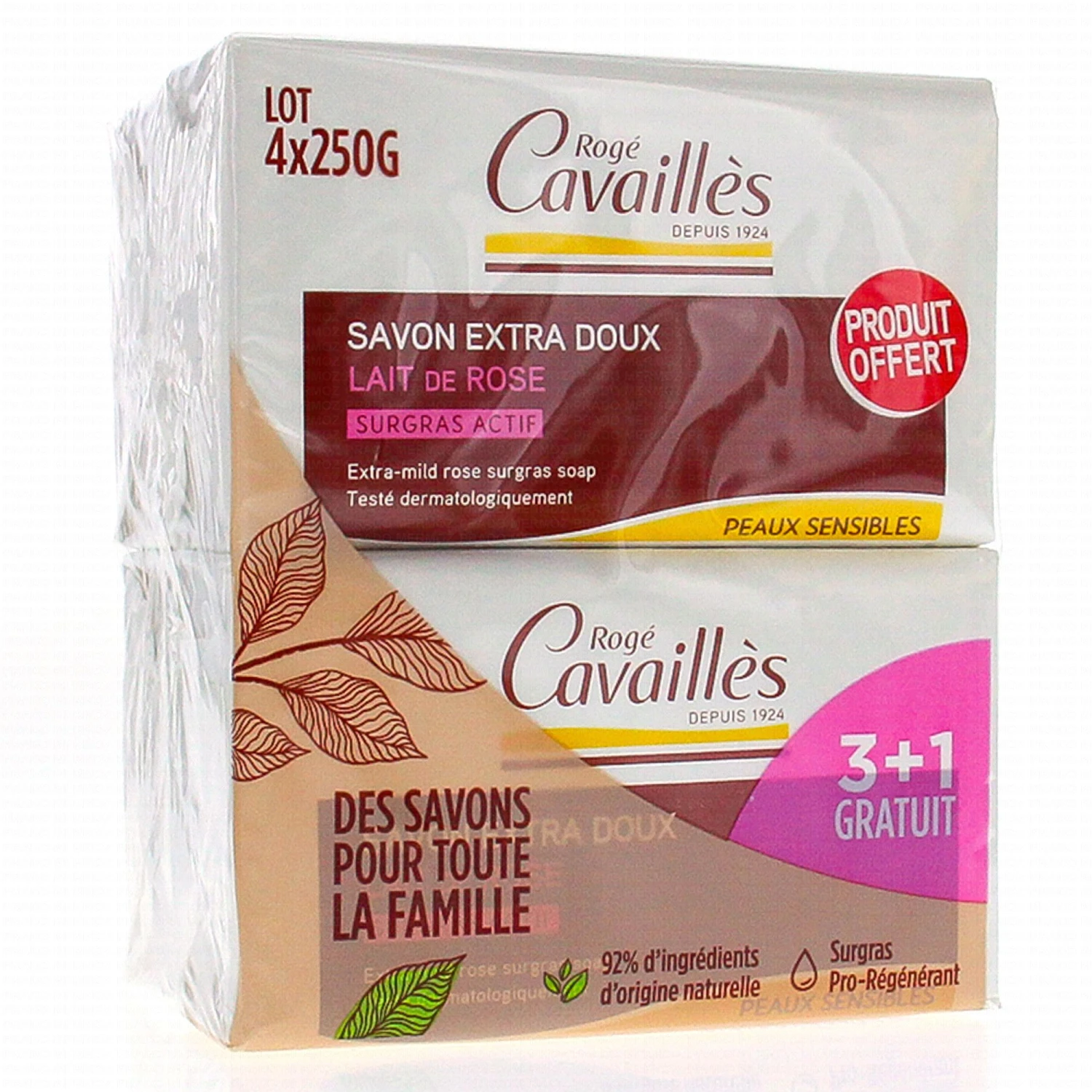 CAVAILLÈS Savon Pain Surgras Extra Doux Lait De Rose X3 250gr + 1 Gratuit 1 CAVAILLÈS Savon Pain Surgras Extra Doux Lait De Rose X3 250gr + 1 Gratuit